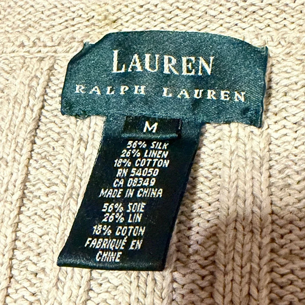 Lauren Ralph Lauren Womens M Beige Ribbed Silk Linen Cotton V Neck Sweater